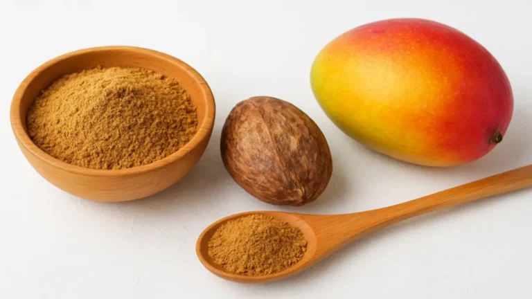 A clean, high-resolution photo of mango seeds and mango seed powder in a bowl or wooden spoon, with a fresh mango beside it.