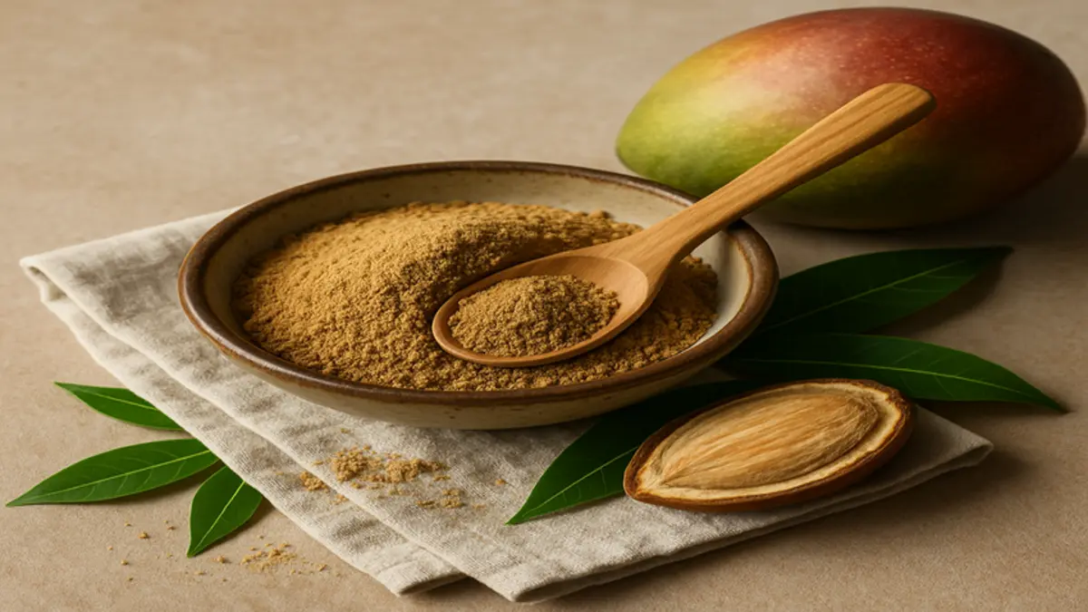 Bowl of mango seed powder with wooden spoon, whole mango and halved seed on beige linen.