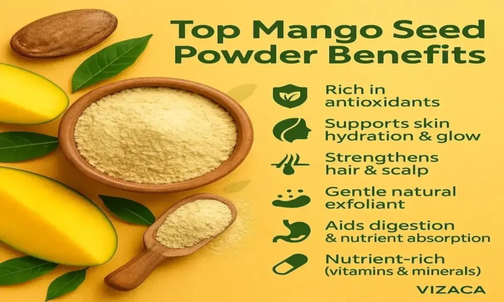 Infographic showing a bowl of mango seed powder and sliced mango with six benefits listed: rich in antioxidants, supports skin hydration and glow, strengthens hair and scalp, gentle natural exfoliant, aids digestion and nutrient absorption, and nutrient-rich vitamins and minerals.