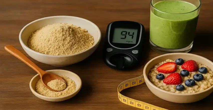 Bowl of mango seed powder with a jar of mango seed oil and fresh mango on a wooden table.