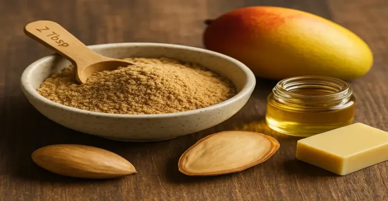 High-resolution photo showing a speckled ceramic bowl of mango seed powder with a wooden tablespoon, a small jar of golden mango seed oil, a block of mango seed butter, a ripe mango and opened kernel halves on a warm wooden table — illustrating nutritional and topical uses of mango seed powder.
