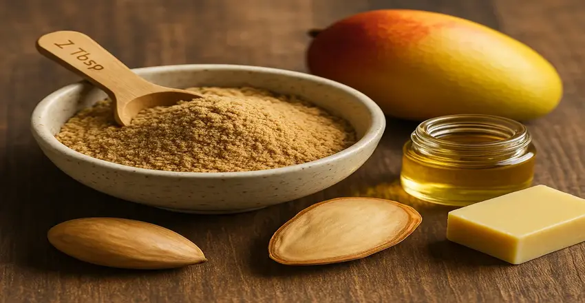 High-resolution photo showing a speckled ceramic bowl of mango seed powder with a wooden tablespoon, a small jar of golden mango seed oil, a block of mango seed butter, a ripe mango and opened kernel halves on a warm wooden table — illustrating nutritional and topical uses of mango seed powder.