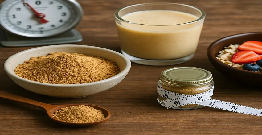 Bowl of mango seed powder with a smoothie, fruit-topped oats and a measuring tape on a wooden table — weight-loss theme.