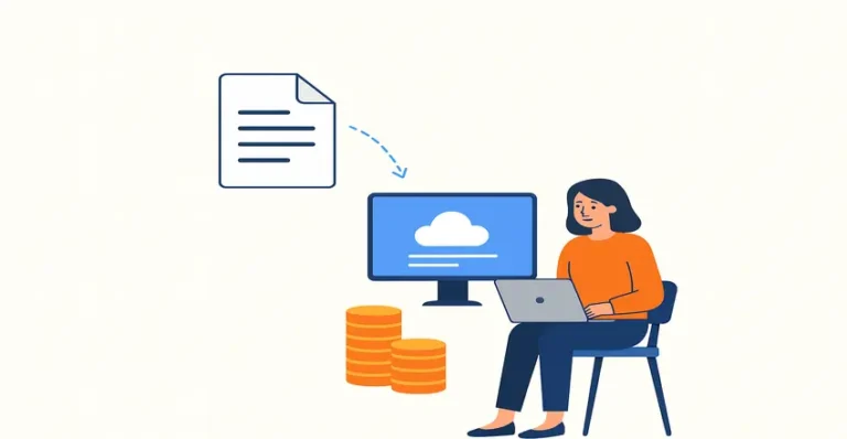 Digitize India illustration showing a woman working on a laptop with a cloud icon on a computer screen, a document upload symbol, and stacks of coins representing digital data entry and rewards.