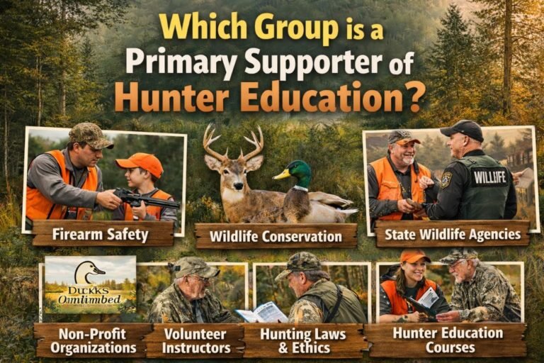 An informational graphic showing the question 'Which Group is a Primary Supporter of Hunter Education?' with bold yellow and white text against a misty forest background. Below, four sections illustrate key elements of hunter education: firearm safety, wildlife conservation, state wildlife agencies, and volunteer instructors, with images of hunters, wildlife, and educational activities. Each section is labeled accordingly, featuring real-life examples of organizations and programs involved in hunter education.