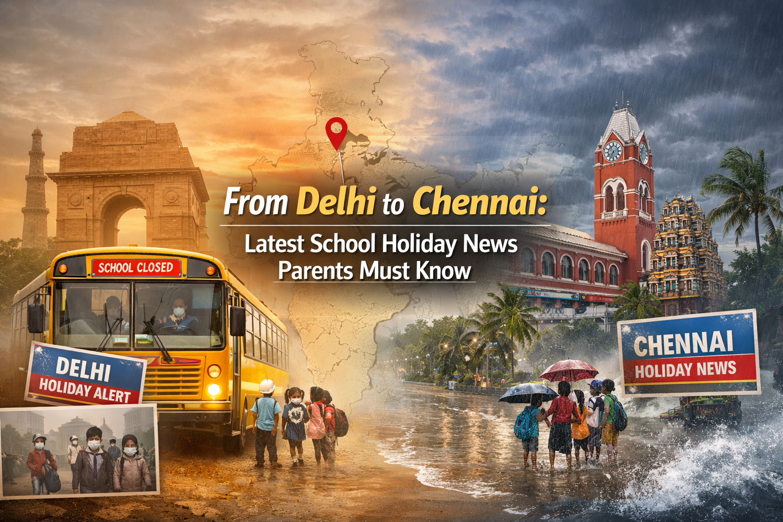 School holiday news update showing Delhi and Chennai closures due to weather, including rain holidays and official alerts for parents