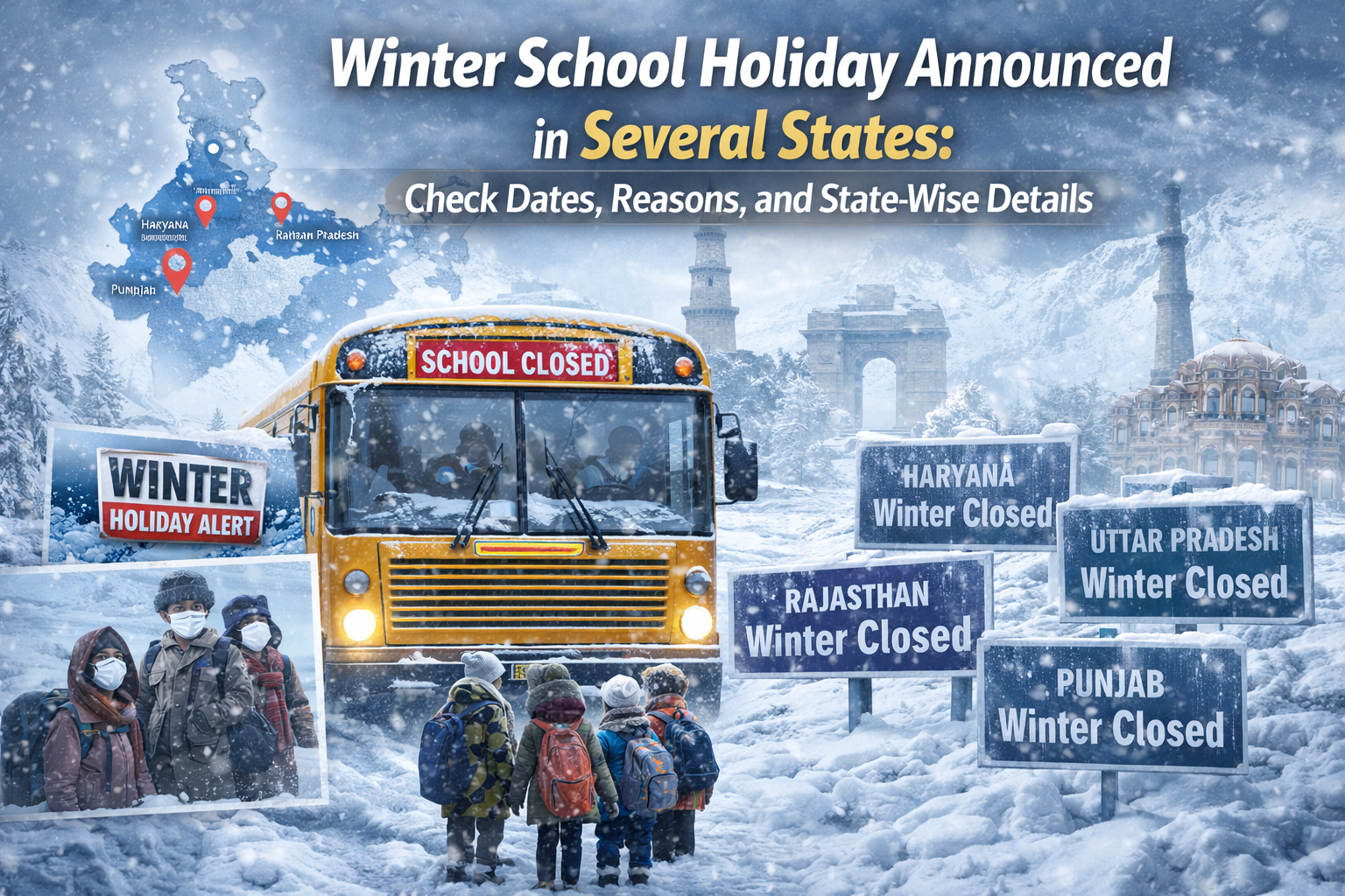 Winter school holiday announced in multiple Indian states showing school closures in Haryana, Punjab, Uttar Pradesh, and Rajasthan due to cold wave